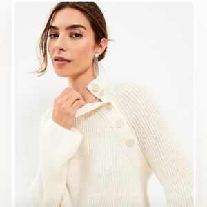LOFT Cream Mock Neck Knit Sweater with Button Neckline Detail- NWT- XL